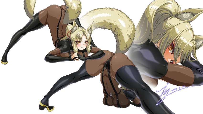 1girl absurdres animal_ear_fluff animal_ears arched_back arm_rest ass black_bodysuit black_footwear black_gloves blonde_hair bodystocking bodysuit boots breasts commission dark_persona dog_days elbow_gloves fingerless_gloves flexible fox_ears fox_girl fox_tail gloves hair_ribbon hands_on_ground highres jack-o&#039;_challenge large_breasts meme parted_bangs pixiv_commission ponytail rantia red_ribbon ribbon skin_tight spread_legs stretching tail thigh_boots top-down_bottom-up wide_spread_legs