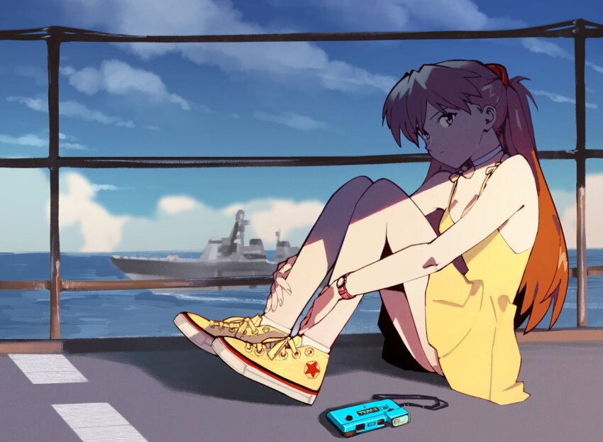 1girl blue_eyes blue_sky breasts brown_hair camera choker closed_mouth cloud cloudy_sky day dress expressionless flower from_side hairpods high_tops highres interface_headset_(evangelion) knees_up long_hair looking_at_viewer medium_breasts military_vehicle neon_genesis_evangelion ocean optionaltypo outdoors shade ship ship_deck shoes simple_background sitting sky sleeveless sleeveless_dress sneakers socks solo souryuu_asuka_langley star_(symbol) sundress very_long_hair warship watch water watercraft white_choker white_socks wristwatch yellow_dress yellow_flower