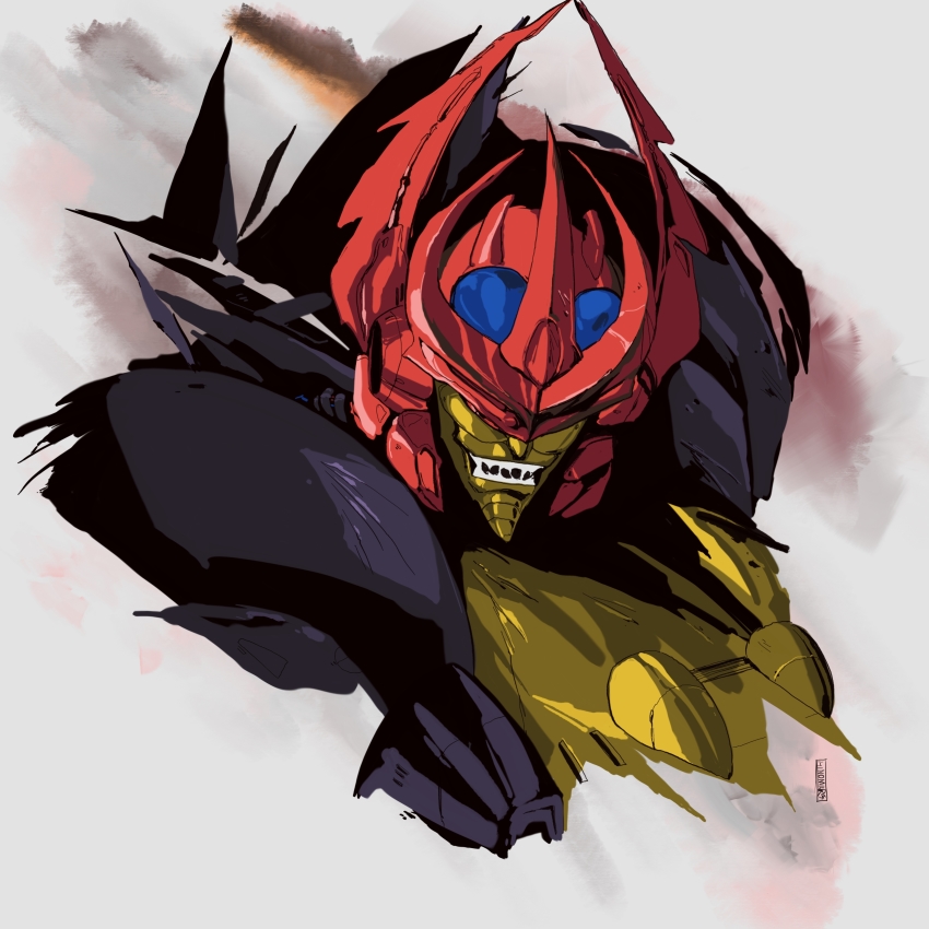 absurdres character_request covered_eyes highres hinomars19 looking_down mecha no_humans open_mouth robot saliva science_fiction solo transformers transformers_super-god_masterforce upper_body v-fin
