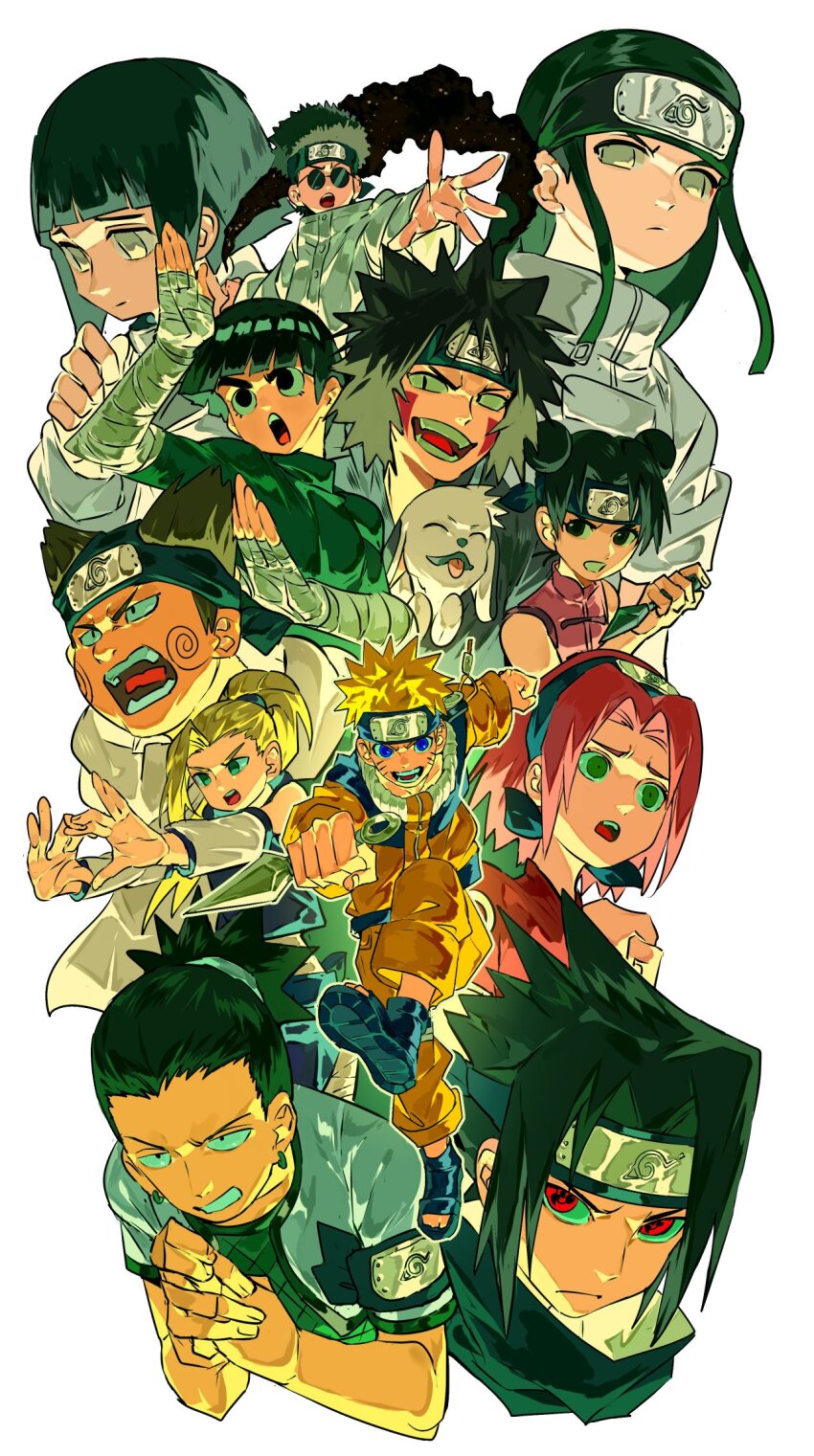4girls 6+boys aburame_shino akamaru_(naruto) akimichi_chouji baby_animal bandaged_arm bandages bare_shoulders black_footwear black_hair black_shirt blonde_hair blue_eyes blunt_bangs bob_cut bodysuit bowl_cut clenched_teeth detached_sleeves dog double_bun facial_mark fat fat_man full_body furrowed_brow green_bodysuit green_eyes grey_eyes hair_bun hair_tie hairband haruno_sakura headband highres holding holding_knife hyuuga_hinata hyuuga_neji inuzuka_kiba jacket jumpsuit knife kunai long_hair mandarin_collar multiple_boys multiple_girls nara_shikamaru naruto_(classic) naruto_(series) open_mouth orange_jacket orange_jumpsuit orange_pants outstretched_hand own_hands_clasped own_hands_together pants parted_bangs pink_hair pink_shirt ponytail puppy red_eyes red_shirt rock_lee round_eyewear sharingan shirt short_hair short_sleeves sidelocks sleeveless sleeveless_shirt smile spiked_hair sunglasses teeth tenten_(naruto) toeless_footwear uchiha_sasuke upper_body uzumaki_naruto weapon whisker_markings white_background xi_luo_an_ya yamanaka_ino