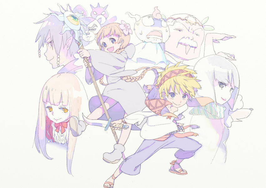 3boys 3girls bandana black_hair blonde_hair blunt_bangs braid brown_hair circlet dagger enkyo_yuuichirou facial_hair flower full_body gipple grey_background hair_flower hair_ornament juju_coo_shnamur knife kukuri_(mahoujin_guruguru) long_hair long_sleeves looking_at_viewer mahoujin_guruguru multiple_boys multiple_girls mustache nike_(mahoujin_guruguru) poodle projected_inset raid_(mahoujin_guruguru) robe runrun_vermeer sandals short_hair simple_background smile staff standing sweat tatejiwa_nezumi twin_braids udberg_eldol weapon