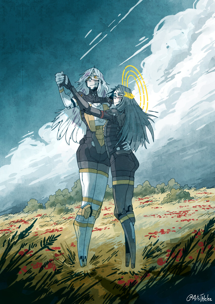 2girls absurdres android artist_name artsthelen blue_hair character_request cloud dancing falke_(signalis) full_body grass halo hand_on_another&#039;s_back height_difference highres holding_hands laurel_crown long_hair multiple_girls outdoors signalis sky standing waltz_(dance) yuri