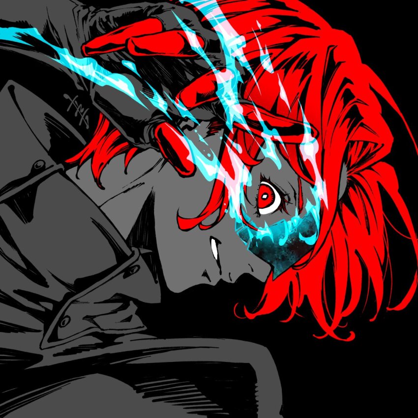 1boy arm_up black_background burnt_clothes clenched_teeth collared_jacket commentary curtained_hair dutch_angle english_commentary eyelashes gloves highres jacket kamishiro_nagisa limited_palette looking_at_viewer male_focus persona persona_5 persona_5:_the_phantom_x popped_collar red_eyes red_hair saitou_rokuro short_hair signature simple_background solo teeth upper_body wonder_(p5x)