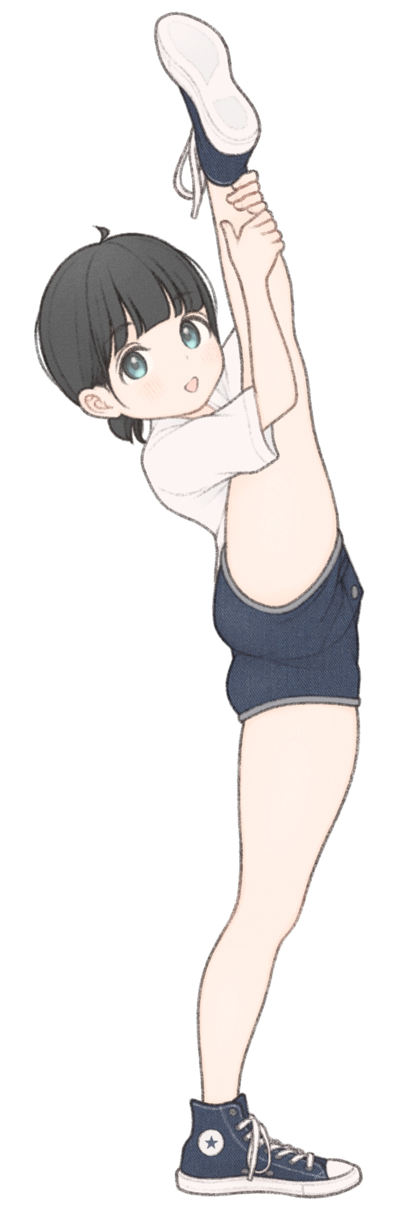 1girl 1ssakawaguchi absurdres ass black_hair blue_shoes blue_shorts converse denim denim_shorts full_body grey_eyes highres ichika_(1ssakawaguchi) looking_at_viewer open_mouth original ponytail shirt shoes short_hair short_ponytail short_shorts short_sleeves shorts simple_background smile sneakers solo split standing standing_on_one_leg standing_split t-shirt white_background white_shirt