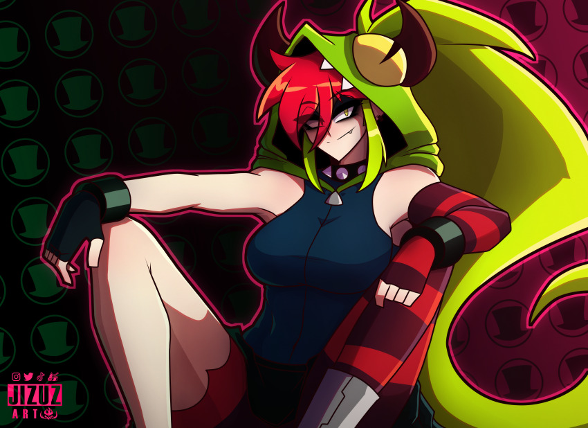 1girl absurdres cartoon_network collar demencia fingerless_gloves gloves highres jizuz_kord long_hair multicolored_hair pantyhose red_hair smile solo spiked_collar spikes villainous yellow_eyes