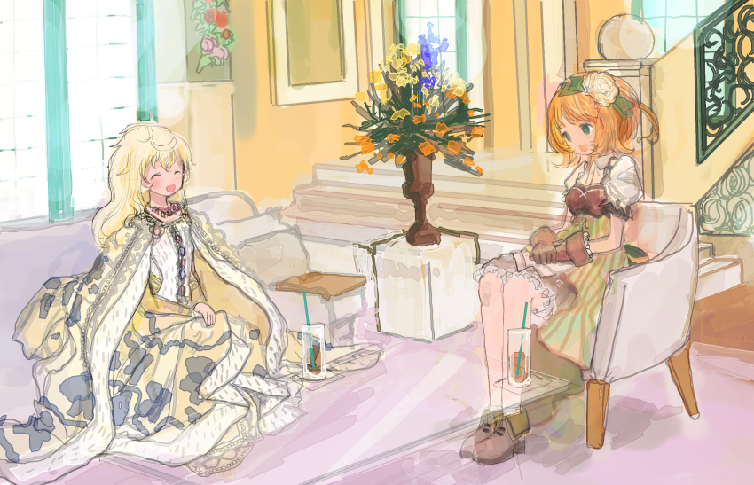 2girls 86thunder ahoge black_footwear blonde_hair bow brown_eyes brown_gloves cape closed_eyes colored_eyelashes dress flower frilled_dress frills gem gloves green_bow green_dress green_eyes hair_bow hair_flower hair_ornament hair_ribbon haruna_konomi highres indoors isabeau_de_baviere_(madoka_magica) jewelry long_dress long_hair long_sleeves magia_record:_mahou_shoujo_madoka_magica_gaiden magical_girl mahou_shoujo_madoka_magica mahou_shoujo_tart_magica messy_hair multiple_girls necklace orange_hair puffy_sleeves queen ribbon ring royal_robe short_hair sitting smile trait_connection wavy_hair yellow_flower yellow_ribbon