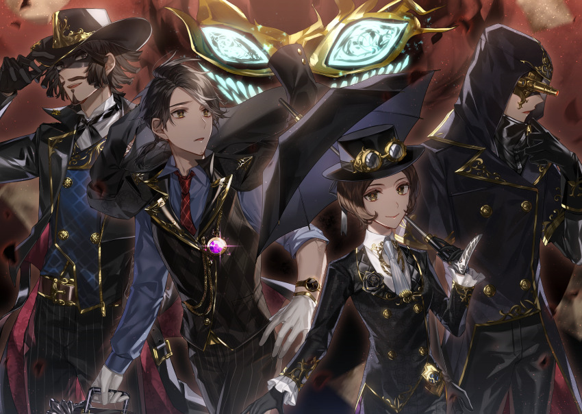 1girl 4boys :d adjusting_clothes aesop_carl aesop_carl_(trickster) airm belt belt_buckle black_coat black_eyes black_flower black_gloves black_hair black_headwear black_jacket black_pants black_ribbon black_rose black_umbrella black_vest blue_shirt blue_vest boater_hat boutonniere briefcase brown_belt brown_hair buckle buttons closed_mouth coat collar_chain_(jewelry) collared_shirt covered_eyes cowboy_hat cowboy_shot cross-shaped_pupils debris double-breasted dreadlocks eli_clark facial_hair flower frilled_sleeves frills gem gloves goatee goggles goggles_on_headwear gold_trim grey_necktie grin half_mask hand_on_headwear hat highres holding holding_briefcase holding_umbrella hood hood_up hooded_coat identity_v jacket jacket_on_shoulders joker_(identity_v) kevin_ayuso lapels looking_at_viewer looking_to_the_side low_ponytail mask medium_hair multicolored_hair multiple_boys mustache neck_ribbon necktie official_alternate_costume open_clothes open_coat open_mouth pants parted_bangs parted_lips pinstripe_pants pinstripe_pattern plaid_clothes plaid_necktie plaid_vest ponytail purple_gemstone red_necktie ribbon rose sharp_teeth shawl_lapels shirt short_hair sleeve_rolled_up smile standing stitched_mouth stitches streaked_hair striped swept_bangs symbol-shaped_pupils teeth tracy_reznik tracy_reznik_(puppeteer) umbrella vest watch white_gloves white_hair white_shirt wristwatch x-shaped_pupils