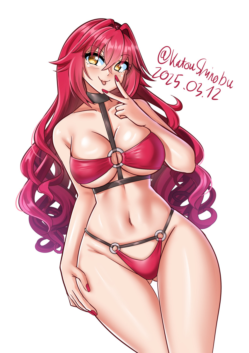 1girl absurdres alternate_costume bikini choker dated gluteal_fold hair_between_eyes hair_intakes highres kantai_collection katou_shinobu long_hair looking_at_viewer navel o-ring o-ring_bikini o-ring_choker o-ring_top phoenix_(kancolle) red_bikini red_hair red_nails smile solo swimsuit tongue tongue_out very_long_hair white_background yellow_eyes