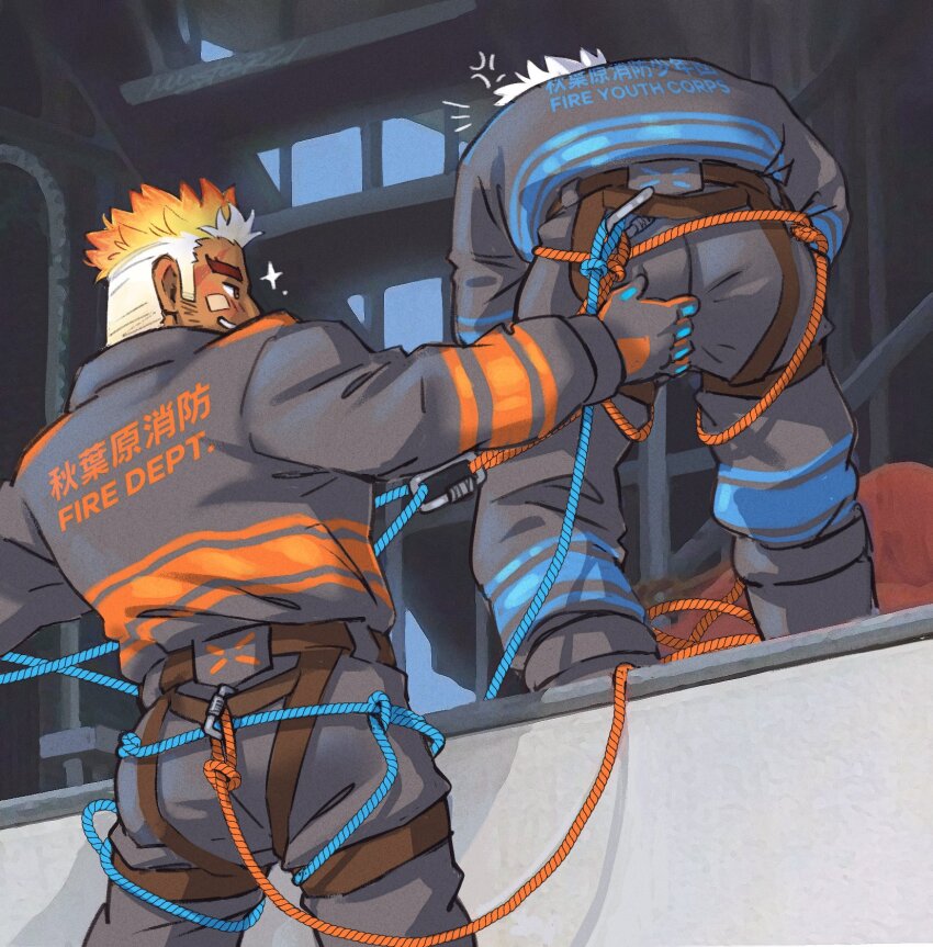 2boys akiha_gongen_(housamo) anger_vein bandaid bandaid_on_face bara bent_back blonde_hair blue_rope carabiner commentary english_commentary firefighter firefighter_jacket from_behind grabbing_another&#039;s_ass groping harness_belt highres jacket looking_at_another male_focus multicolored_hair multiple_boys mystar21 orange_rope rope smile sparkle thick_eyebrows tokyo_houkago_summoners two-tone_hair ulaanbaatar_(housamo) white_hair