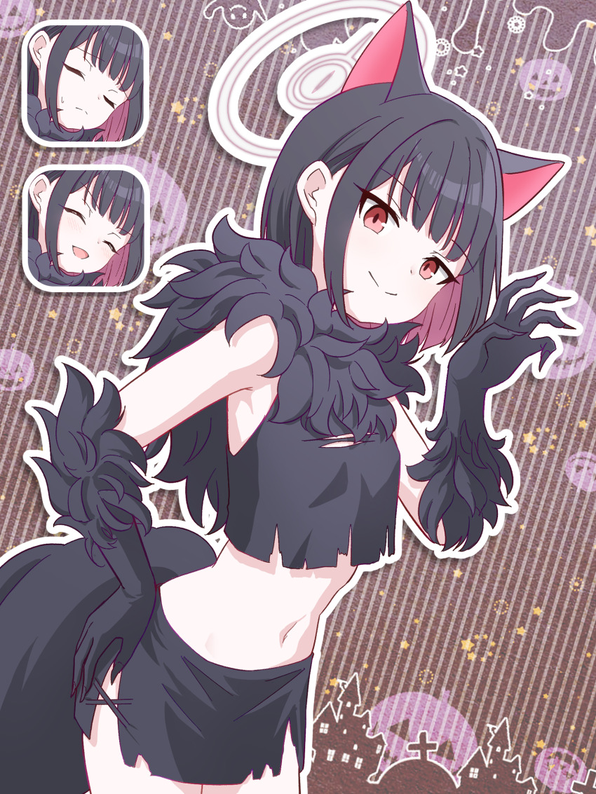 1girl animal_ears black_hair blue_archive cat_ears cat_girl claw_pose closed_mouth colored_inner_hair elbow_gloves extra_ears gloves halo highres kazusa_(blue_archive) kazusa_(halloween)_(blue_archive) kyousuke_(orcein) multicolored_hair multiple_expressions navel pink_hair pink_halo red_eyes
