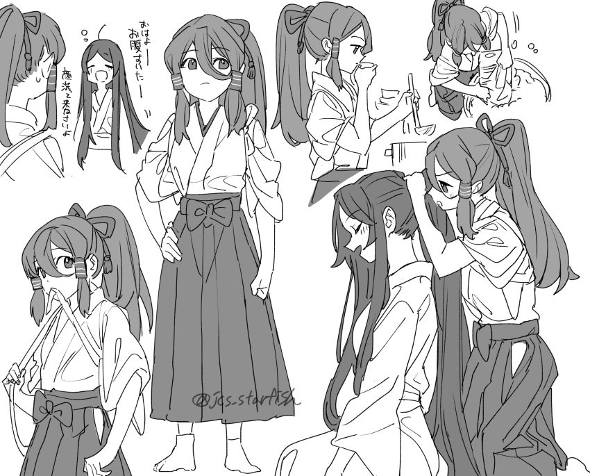 2girls commentary_request cooking cooking_pot from_side gensokyo&#039;s_first_hakurei_miko hair_ribbon hair_tubes hakama hakama_skirt hand_on_own_hip highres holding holding_ladle japanese_clothes kimono ladle long_hair long_sleeves mero_(starfish_jcs) miyadeguchi_mizuchi miyadeguchi_mizuchi_(human) monochrome multiple_girls multiple_views open_mouth pleated_skirt ponytail ribbon skirt squeans tasting touhou twitter_username tying_another&#039;s_hair very_long_hair waking_up washboard washing_clothes white_background