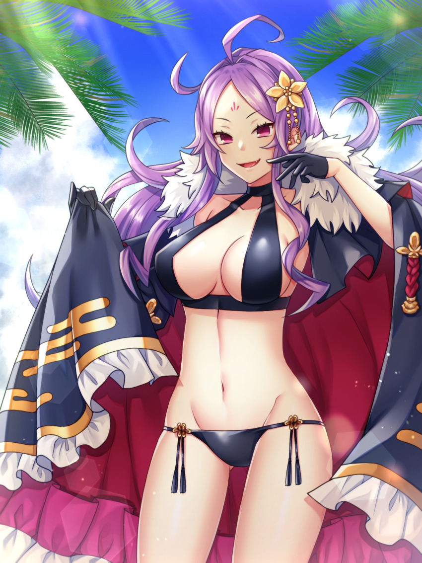 1girl ahoge bare_shoulders beach bikini bikini_under_clothes black_bikini black_cape black_gloves blue_sky breasts cape cape_lift cleavage collarbone day facial_mark fate/grand_order fate_(series) flower forehead_mark fur-trimmed_cape fur_trim gloves gluteal_fold hair_flower hair_ornament half_gloves highres large_breasts long_hair looking_at_viewer lowleg lowleg_bikini midriff navel outdoors palm_tree purple_hair red_cape sky smile solo sunlight swimsuit tree uto_hyou wu_zetian_(fate) wu_zetian_(swimsuit_caster)_(fate) wu_zetian_(swimsuit_caster)_(third_ascension)_(fate)