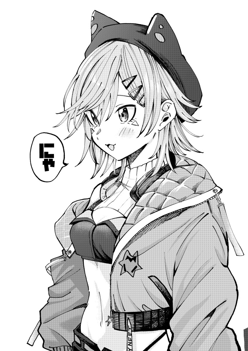1girl :3 absurdres animal_hat beret blush cat_hat crop_top cropped_jacket facial_mark greyscale hair_between_eyes hair_ornament hairpin hat highres komori_met komori_met_(5th_costume) kou_hei_(takasr_kou) medium_hair midriff monochrome multiple_hairpins navel open_mouth panty_straps parted_bangs quilted_jacket single_off_shoulder solo translated upper_body virtual_youtuber vspo!
