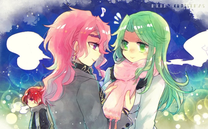 1boy 2girls axel_almer coat english_text green_hair lamia_loveless lemon_browning multiple_girls nunuko_(mu661129) pink_hair red_hair scarf smile snow super_robot_wars super_robot_wars_advance super_robot_wars_advance_portable super_robot_wars_original_generation