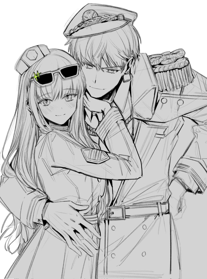 &gt;:) 1boy 1girl belt blush buttons commentary_request couple double-breasted earrings epaulettes eyewear_on_head fate/extra fate/extra_ccc fate_(series) gilgamesh_(fate) gilgamesh_(wada_arco_exhibition)_(fate) greyscale hand_on_another&#039;s_neck hand_on_another&#039;s_waist hand_on_own_hip hat height_difference hetero highres jewelry kishinami_hakuno_(female) korean_commentary long_hair long_sleeves looking_at_viewer military_dress_uniform military_hat military_uniform monochrome official_alternate_costume okchun peaked_cap short_hair simple_background smile sparkle standing straight_hair sunglasses v-shaped_eyebrows very_short_hair wada_arco_exhibition white_background