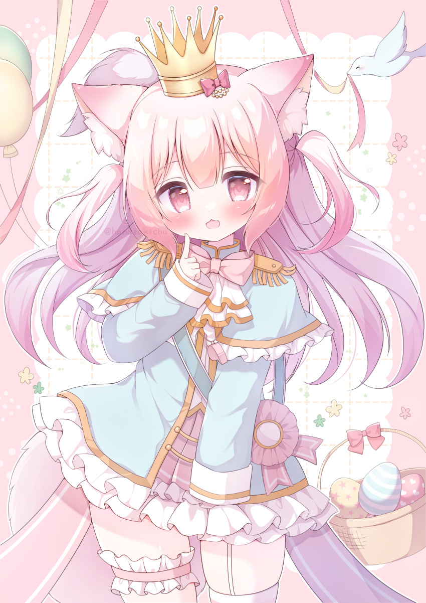 1girl animal_ear_fluff animal_ears asymmetrical_legwear balloon bird blush bow bowtie capelet cat_ears cat_girl commentary_request crown dress easter egg epaulettes eyebrows_hidden_by_hair frilled_capelet frilled_dress frilled_thigh_strap frills grid_background hair_between_eyes hair_ornament hanasakichu hand_up highres indie_virtual_youtuber long_hair long_sleeves looking_at_viewer mini_crown open_mouth original pink_hair red_eyes ribbon sash sleeves_past_wrists smile solo standing tail thigh_strap thighhighs two_side_up virtual_youtuber white_thighhighs wide_sleeves