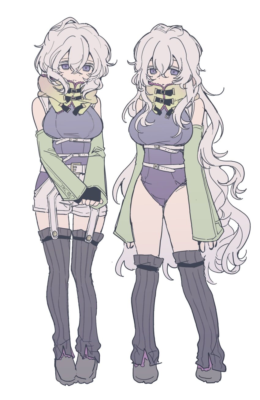 1girl belt black_gloves breasts closed_mouth commentary_request detached_hood detached_sleeves dual_persona fingerless_gloves frown full_body garter_straps gemamamaa genderswap genderswap_(mtf) gloves gnosia green_sleeves grey_shoes grey_shorts hair_between_eyes highres korean_commentary large_breasts leg_warmers leotard long_hair long_sleeves looking_at_viewer multiple_belts purple_eyes remnan_(gnosia) scarf shoes short_hair short_shorts shorts simple_background standing striped_clothes striped_thighhighs thighhighs very_long_hair wavy_hair white_background white_hair