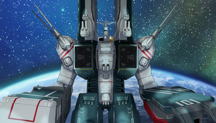 choujikuu_yousai_macross commentary_request daedalus earth_(planet) energy_cannon highres in_orbit machinery macross mecha mecha_focus planet prometheus_(ship) radar radar_dish radio_antenna radome robot science_fiction sdf-1 space spacecraft star_(sky) storm_attacker thrusters upper_body y-ohkubo