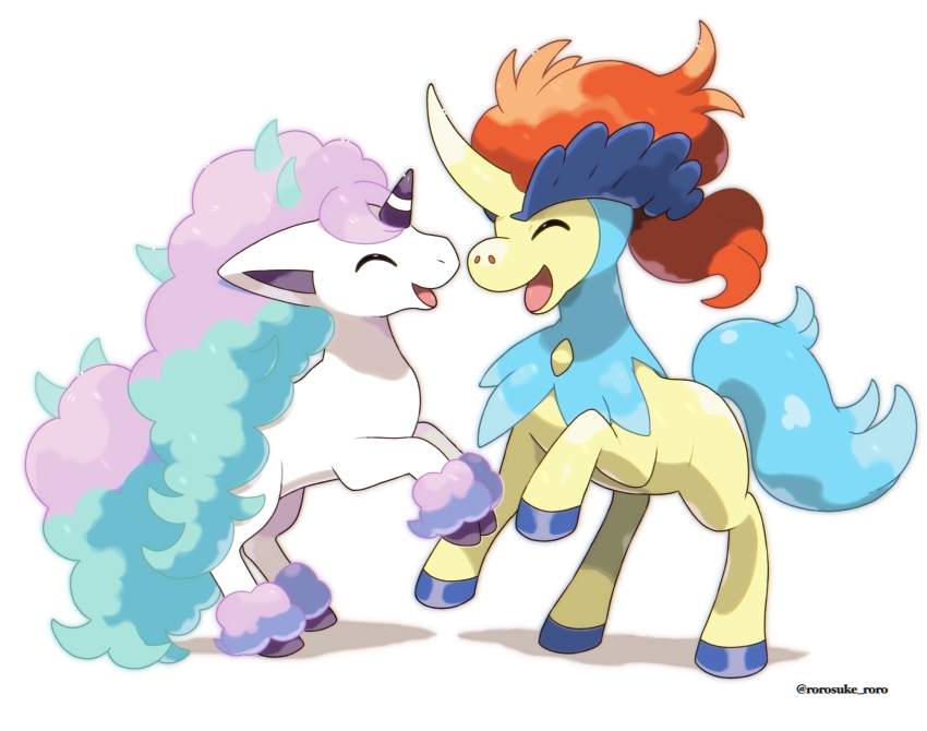 animal_focus closed_eyes galarian_form galarian_ponyta gen_5_pokemon gen_8_pokemon happy highres hooves keldeo keldeo_(ordinary) legendary_pokemon mythical_pokemon nintendo no_humans open_mouth pokemon pokemon_(creature) rorosuke simple_background smile unicorn white_background