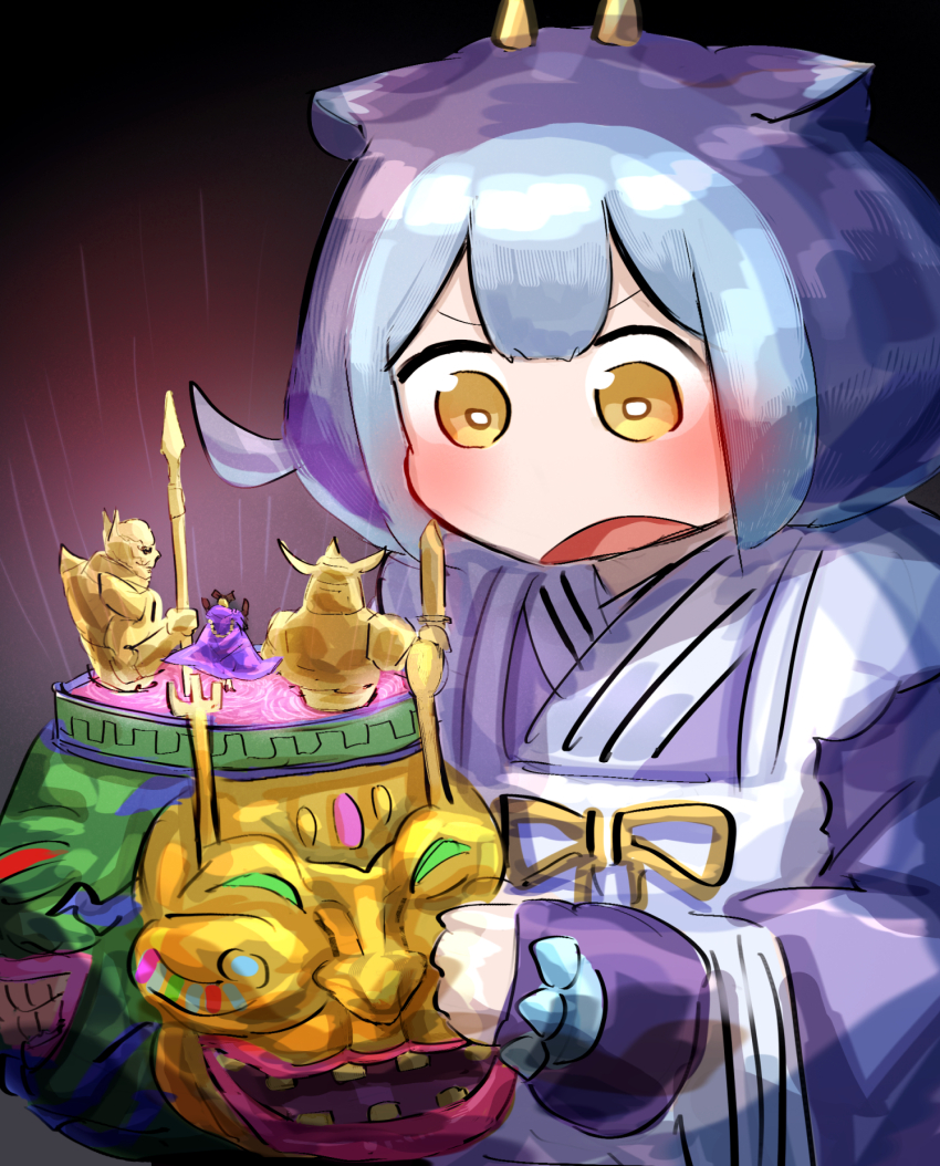 1girl apron blue_hair blush cape dragon_girl dragon_horns duel_monster eastern_dragon_horns eldlich_the_golden_lord hatano_kiyoshi highres holding horns japanese_clothes kimono laundry_dragonmaid maid maid_apron open_mouth pot_of_extravagance purple_cape soldier wa_maid weapon yellow_eyes yu-gi-oh! yu-gi-oh!_duel_monsters yu-gi-oh!_master_duel