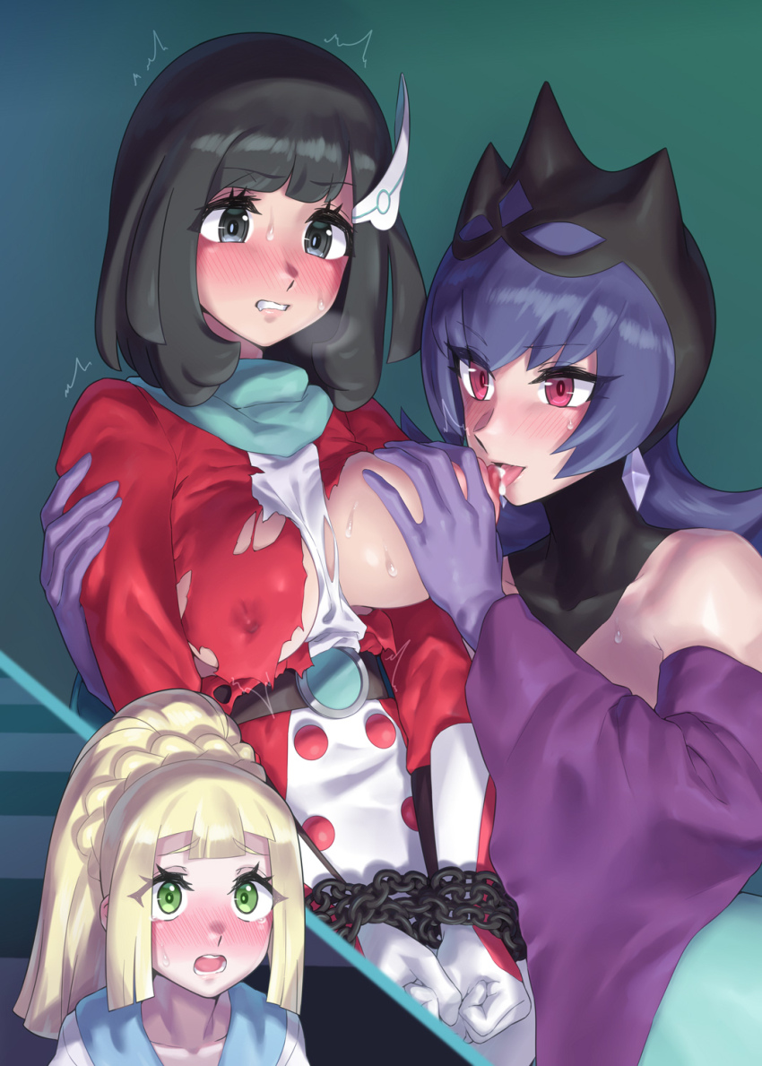 3girls bellelba_(pokemon) black_eyes black_hair blonde_hair blush bound bound_wrists braid breasts chain covered_erect_nipples detached_sleeves gloves grabbing_another&#039;s_breast green_eyes groping highres lactation large_breasts licking licking_nipple lillie_(pokemon) long_hair medium_hair mizuumi_(bb) molestation multiple_girls nintendo nipple_stimulation nipples open_mouth pokemon pokemon_bw2 pokemon_masters_ex pokemon_sm pokestar_studios ponytail purple_hair red_eyes sabrina_(pokemon) selene_(pokemon) selene_(special_costume)_(pokemon) sweat tongue torn_clothes yuri