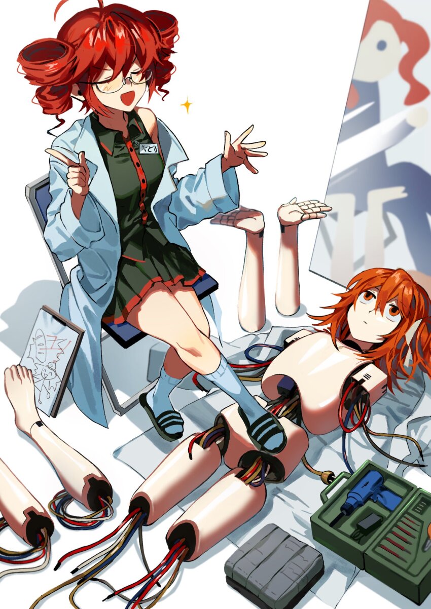 2girls a.i._voice adachi_rei ahoge amputee android black_shirt black_skirt cable chair clipboard closed_eyes closed_mouth coat collared_shirt commentary_request completely_nude different_reflection disassembly doodles drill_hair expressionless folding_chair full-length_mirror glasses grey_coat grey_socks hair_ribbon hands_up highres igaku_(utau) index_finger_raised joints kasane_teto kasane_teto_(utau) kneehighs lab_coat long_sleeves looking_at_another lying mechabare medium_hair mirror multiple_girls name_tag no_genitals no_pussy nude off_shoulder on_back on_chair on_floor one_side_up open_clothes open_coat open_mouth orange_eyes orange_hair pleated_skirt power_drill quadruple_amputee red_hair reflection ribbon robot_joints samsap sandals shirt simple_background sitting skirt sleeveless sleeveless_shirt smile socks tools translated twin_drills unworn_coat utau v-shaped_eyebrows white_background white_ribbon