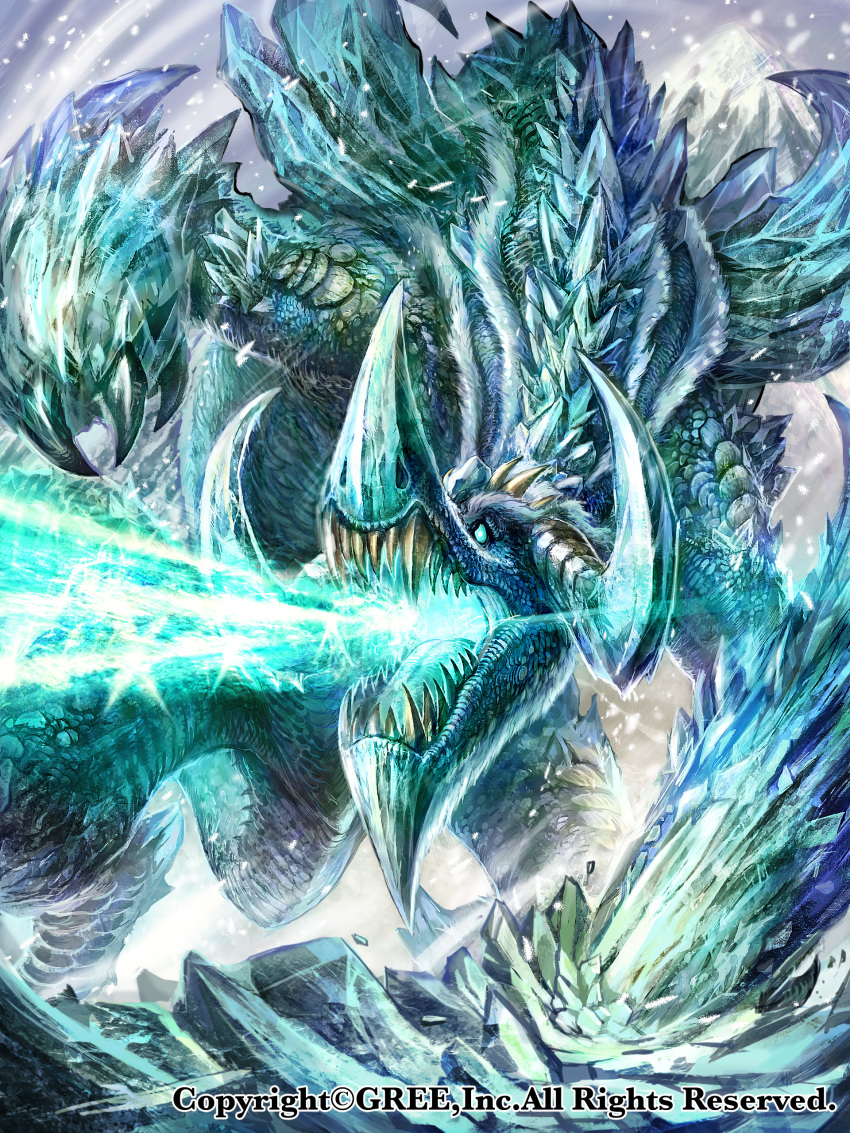 absurdres blue_eyes breath_weapon breathing_ice chinese_commentary commentary_request dragon energy_beam highres ice monster mountain mouth_beam no_humans official_art open_mouth outdoors seisen_cerberus snowstorm watermark z.dk