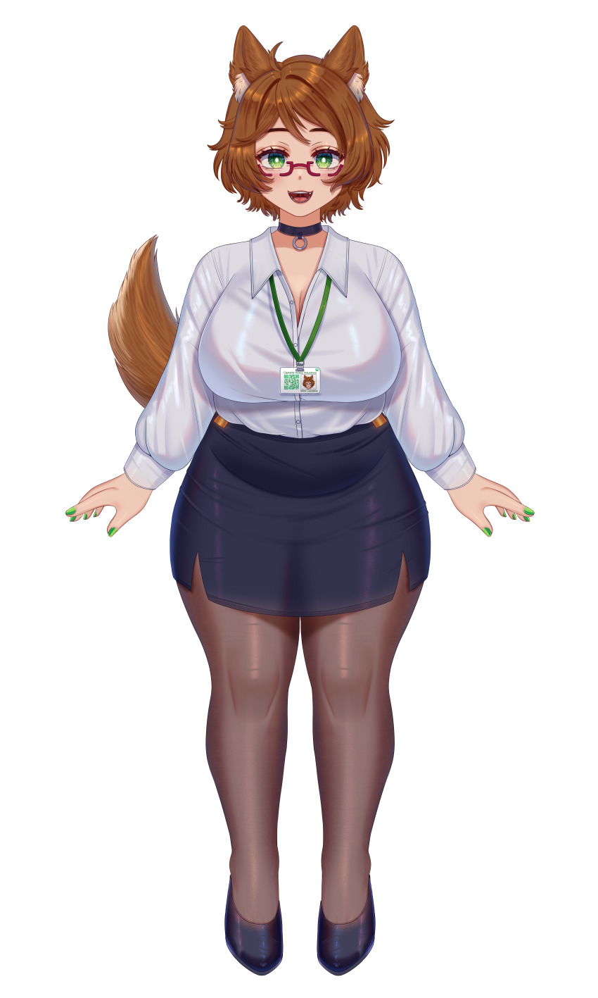 1girl absurdres ahoge animal_ear_fluff animal_ears annotated arms_at_sides blue_skirt blush breasts brown_hair brown_tail buttons character_name choker cleavage close-up collared_shirt commentary dog_girl english_text full_body glasses green_eyes green_nails highres id_card indie_virtual_youtuber lanyard large_breasts long_sleeves looking_at_viewer medium_hair mint_castella mint_castella_(office_lady) open_hands open_mouth pantyhose paw_print qr_code red-framed_eyewear semi-rimless_eyewear shirt simple_background skirt smile solo standing straight-on su_niii tail tareme thick_thighs thighs third-party_source variant_set virtual_youtuber white_background wing_collar