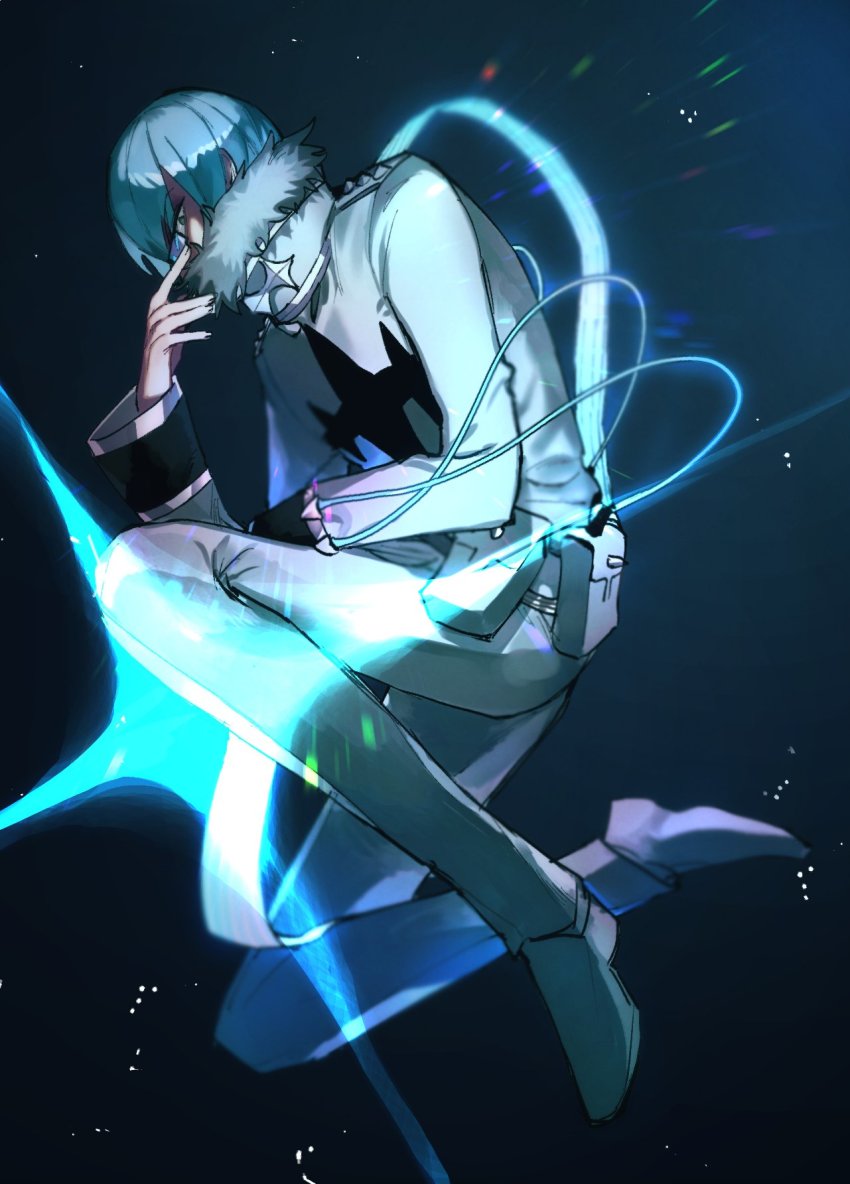 1boy adjusting_eyewear belt_pouch blue_hair fur_collar glasses high_collar highres inumuta_houka inumuta_houka_(probe_regalia) kill_la_kill male_focus niku_tabe_ro pouch school_uniform solo