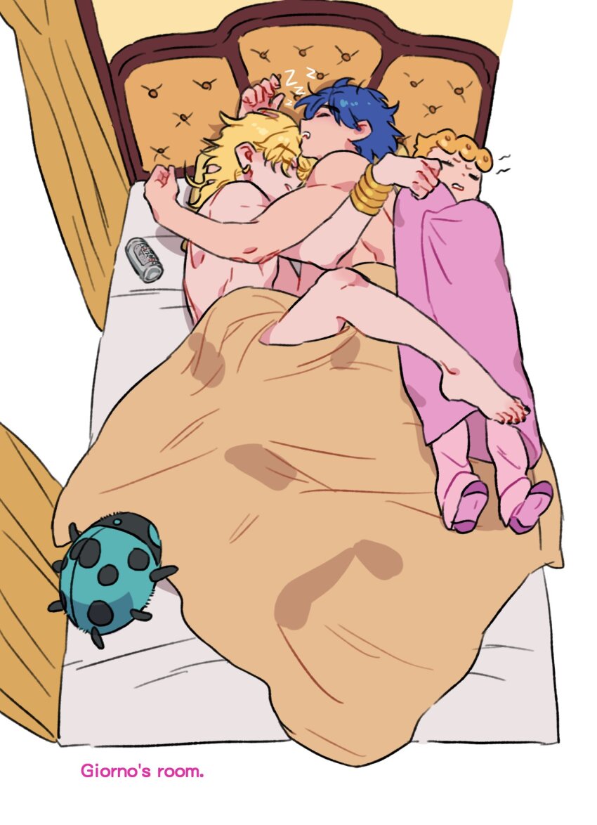 3boys aftersex bed bed_sheet bedroom black_nails blonde_hair can clenched_teeth closed_eyes couple dio_brando earrings english_text family father_and_son giorno_giovanna highres honlo indoors jewelry jojo_no_kimyou_na_bouken jonathan_joestar male_focus multiple_boys muscular muscular_male nail_polish on_bed sleeping stuffed_toy teeth toenail_polish toenails yaoi zzz