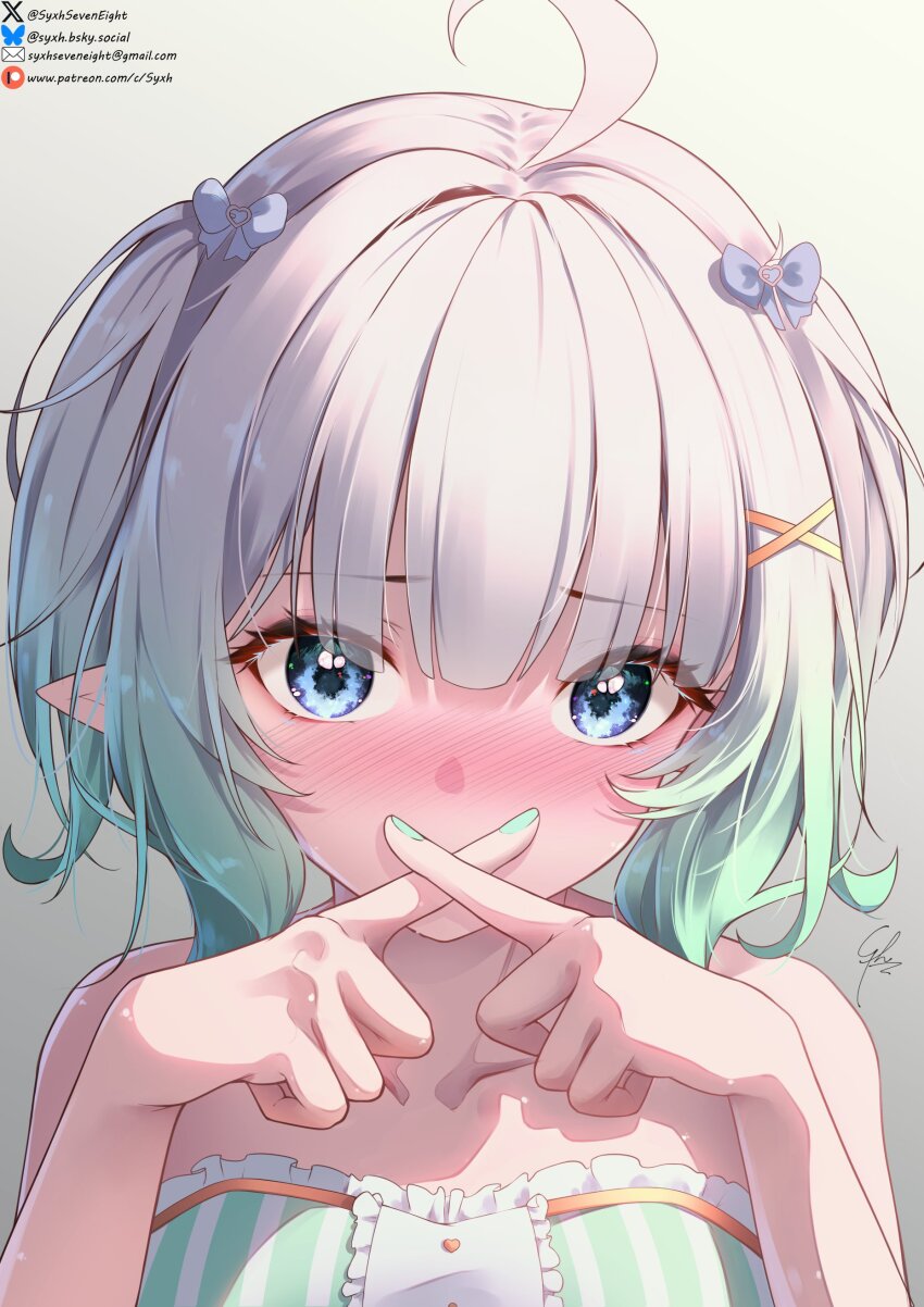 1girl absurdres ahoge artist_name bare_shoulders blue_bow blue_eyes blue_hair bluesky_username blush bow collarbone commentary covering_own_mouth dress email_address english_commentary gradient_background gradient_hair green_dress green_hair green_nails grey_background hair_bow hair_ornament hands_up highres indie_virtual_youtuber looking_at_viewer mint_fantome mint_fantome_(minto_2.0) multicolored_hair nail_polish patreon_username pointy_ears short_hair signature sleeveless sleeveless_dress solo syxh twitter_username two_side_up upper_body virtual_youtuber white_background white_hair x_fingers x_hair_ornament