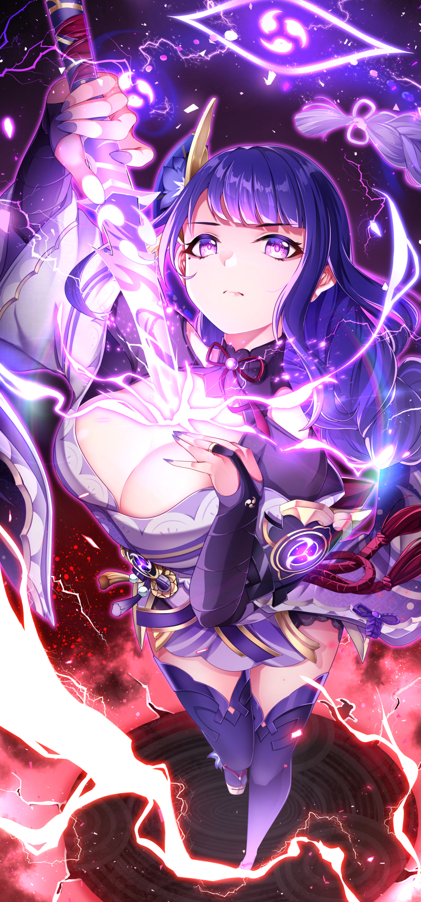 1girl absurdres arm_up bare_shoulders belt black_background black_gloves blunt_bangs bow bowtie braid breasts brown_sandals closed_mouth commentary_request elbow_gloves electricity fan_hair_ornament fingernails flower gem genshin_impact gloves gradient_background hair_bow hair_flower hair_ornament hand_on_own_chest hands_up hero_(10cl3) highres holding holding_sword holding_weapon human_scabbard japanese_clothes kimono large_breasts leg_up long_fingernails long_hair long_sleeves looking_at_viewer mitsudomoe_(shape) mole mole_under_eye musou_isshin_(genshin_impact) nail_polish off_shoulder okobo partial_commentary platform_sandals purple_background purple_belt purple_bow purple_eyes purple_flower purple_gemstone purple_hair purple_kimono purple_nails purple_thighhighs raiden_shogun red_background red_bow red_bowtie red_ribbon ribbon sandals solo standing standing_on_one_leg sword tassel thighhighs tomoe_(symbol) v-shaped_eyebrows vision_(genshin_impact) weapon wide_sleeves