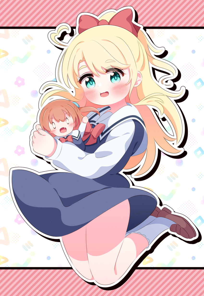 1girl :3 ahoge aqua_eyes blonde_hair blue_dress blush bow bowtie brown_shoes character_doll doll dress eyes_visible_through_hair hair_bow heart heart_ahoge high_ponytail himesaka_noa holding holding_stuffed_toy hoshino_hinata jumping lace-trimmed_socks lace_trim long_hair long_sleeves looking_at_viewer open_mouth ponytail r245 red_bow red_bowtie school_uniform shirt shoes sleeveless sleeveless_dress smile socks stuffed_animal stuffed_toy watashi_ni_tenshi_ga_maiorita! white_background white_shirt white_socks wind wind_lift