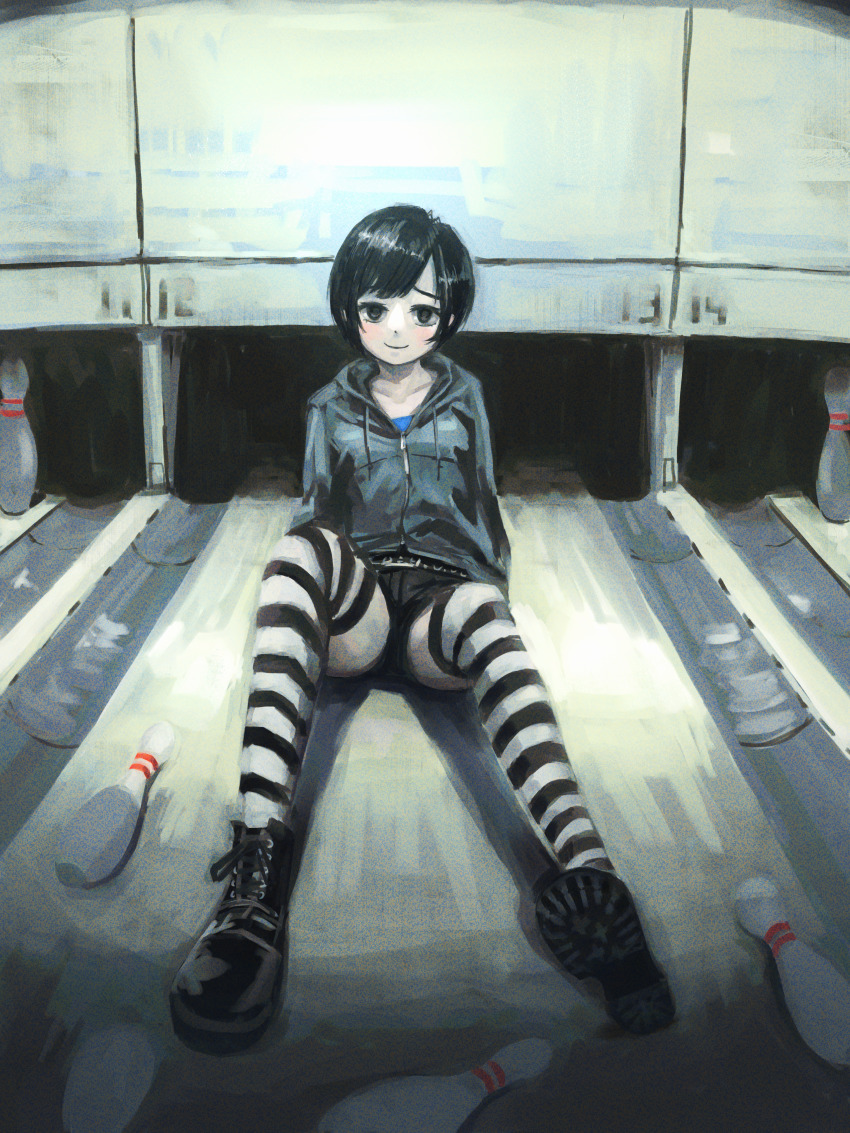 1girl absurdres black_boots black_eyes black_hair black_shorts boots bowling_alley bowling_pin closed_mouth grey_hoodie highres hood hoodie okura_lino on_floor original scenery shorts smile solo striped_clothes striped_thighhighs thighhighs
