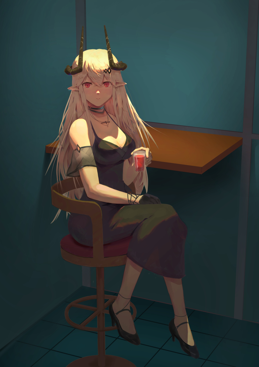 1girl absurdres arknights black_dress cup dress full_body high_heels highres holding holding_cup long_hair looking_at_viewer mudrock_(arknights) on_stool pointy_ears red_eyes shadowking sitting solo stool table tile_floor tiles