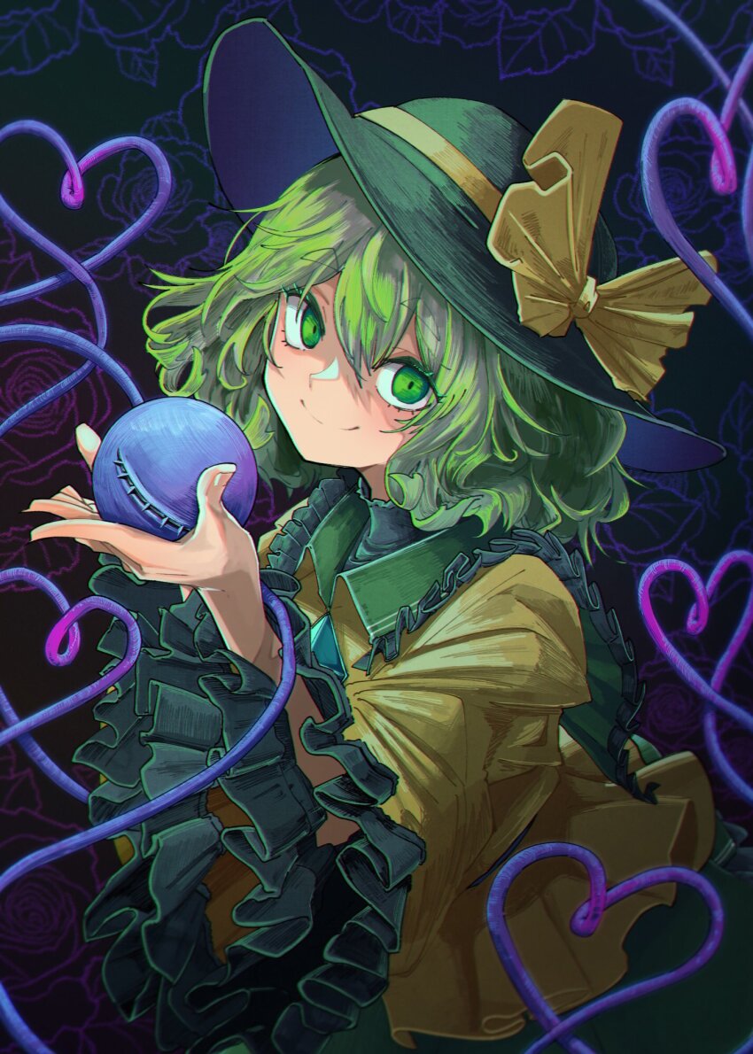 1girl black_hat blouse buttons diamond_button eyeball flower frilled_shirt_collar frilled_sleeves frills green_eyes green_hair green_skirt hat hat_ribbon heart heart_of_string highres holding_eyeball komeiji_koishi odoro_(nicoseiga81184094) ribbon rose shirt skirt smile third_eye touhou wide_sleeves yellow_ribbon yellow_shirt
