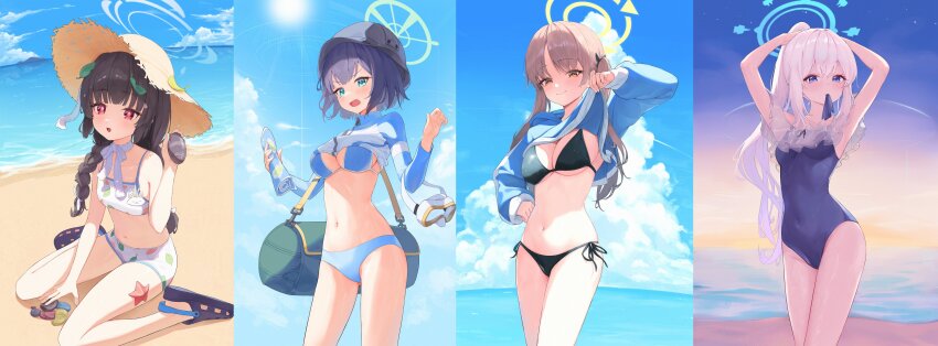 4girls absurdres adjusting_hair aki_(user_mxzg2544) animal ass bag bare_arms bare_legs bare_shoulders beach bikini black_bikini black_footwear black_hair black_headwear blue_archive blue_bikini blue_eyes blue_halo blue_hoodie blue_one-piece_swimsuit blush braid breasts brown_eyes brown_hair casual_one-piece_swimsuit closed_mouth clothes_lift cloud cloudy_sky collarbone crocs day frilled_one-piece_swimsuit frills green_eyes green_halo grey_hair grey_halo hair_between_eyes halo hat highres holding holding_map hood hood_down hoodie hoodie_lift large_breasts leaf leaf_on_head leaf_print lifting_own_clothes long_hair long_sleeves looking_at_viewer map miyako_(blue_archive) miyako_(swimsuit)_(blue_archive) miyu_(blue_archive) miyu_(swimsuit)_(blue_archive) moe_(blue_archive) moe_(swimsuit)_(blue_archive) mouth_hold multiple_girls navel ocean off-shoulder_one-piece_swimsuit off_shoulder official_alternate_costume official_alternate_hairstyle one-piece_swimsuit open_mouth outdoors ponytail print_bikini rabbit_platoon_(blue_archive) raglan_sleeves red_eyes saki_(blue_archive) saki_(swimsuit)_(blue_archive) short_hair side-tie_bikini_bottom sitting sky small_breasts smile starfish straw_hat swimsuit twin_braids twintails underboob wariza white_bikini yellow_halo