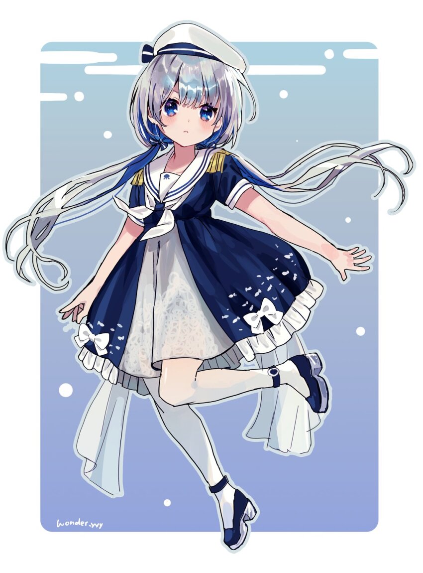1girl animal_print anklet artist_name block_heels blue_background blue_bow blue_dress blue_eyes blue_shoes border bow closed_mouth commentary dress dress_bow epaulettes fish_print frilled_dress frills full_body grey_hair hair_bow hat hat_bow high_heels highres jewelry kuroda_(kuro_yyy) long_hair looking_at_viewer low_twintails neckerchief original outside_border pantyhose print_dress sailor_collar sailor_hat shoes short_sleeves signature solo twintails white_border white_bow white_hat white_neckerchief white_pantyhose white_sailor_collar