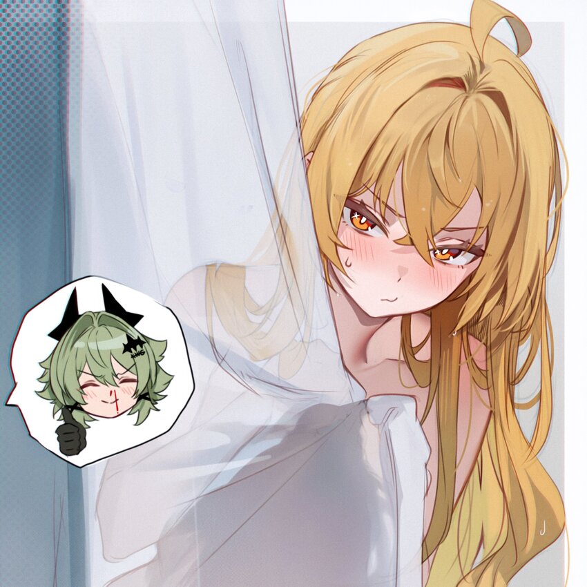 2girls absurdres ahoge aroused_nosebleed blonde_hair blood blush caesar_king_(zenless_zone_zero) curtains dirresponsibly gloves green_hair hair_between_eyes highres long_hair luciana_de_montefio multiple_girls nosebleed see-through_silhouette thumbs_up yellow_eyes zenless_zone_zero