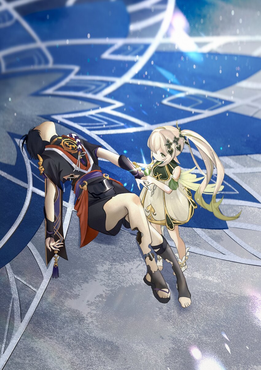 1boy 1girl absurdres anklet armlet armor black_bodysuit black_footwear black_hair black_kimono black_rope black_shorts black_sleeves bodysuit cracked_skin detached_sleeves dress empty_eyes floating from_above full_body furisode genshin_impact gold green_eyes green_sleeves grey_leggings hair_over_one_eye han&#039;eri hand_grab highres japanese_armor japanese_clothes jewelry kimono kote kurokote leggings levitation long_hair looking_at_another lying mitsudomoe_(shape) nahida_(genshin_impact) non0aaaa o-ring on_back open_clothes open_hands open_kimono pointy_ears purple_sash red_kimono rope sandals sash scaramouche_(genshin_impact) shimenawa short_sleeves shorts side_ponytail sidelocks standing stirrup_footwear tassel toes tomoe_(symbol) torn_clothes unconscious white_dress white_footwear white_hair white_kimono white_rope zouri