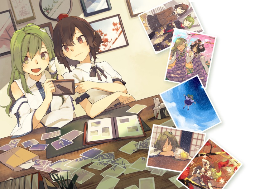 2girls alternate_costume bad_id bad_pixiv_id black_hair blue_sky brown_eyes cosplay cup detached_sleeves dress drinking_glass closed_eyes flying_sweatdrops frog_hair_ornament green_eyes green_hair hair_ornament hair_up hat hichiko jacket japanese_clothes kimono kochiya_sanae long_sleeves multiple_girls open_mouth photo_(object) photo_album pointy_hair puffy_short_sleeves puffy_sleeves purple_dress school_uniform shameimaru_aya shirt short_sleeves skirt sky sleeping smile table tokin_hat touhou usami_sumireko usami_sumireko_(cosplay) wide_sleeves
