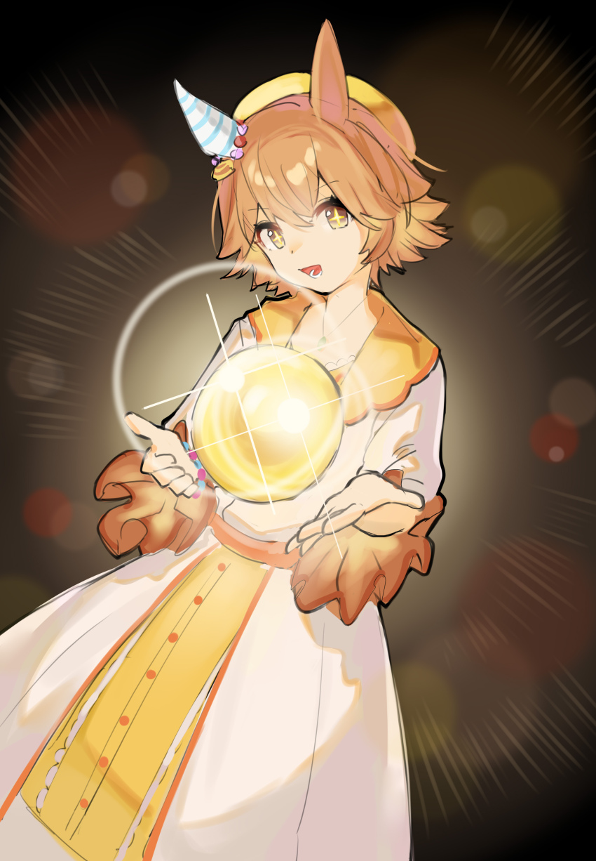 +_+ 1girl absurdres bead_bracelet beads beret bracelet crystal_ball dress feet_out_of_frame glowing hands_up hat highres jewelry lens_flare long_sleeves looking_at_viewer matikanefukukitaru_(good_omen_first_storm)_(umamusume) matikanefukukitaru_(umamusume) open_mouth orange_hair short_hair smile solarisyuri! solo standing umamusume white_dress yellow_eyes yellow_hat
