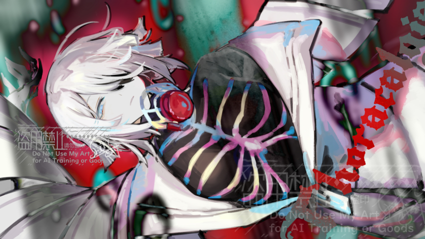 1girl black_bodysuit blue_eyes bodysuit breasts closed_mouth coat e.g.o_(project_moon) faust_(project_moon) highres kishimen_hair lab_coat large_breasts limbus_company looking_at_viewer musical_note nishikujic project_moon short_hair sideways skeleton_print solo thoracalgia_(e.g.o) white_coat white_hair