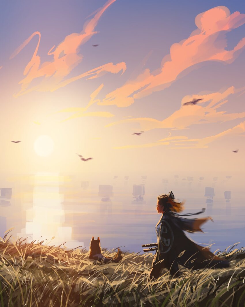 1girl 1other atmospheric_perspective blurry brown_hair depth_of_field dog field fleet fog from_behind full_body grass hair_ornament highres horizon katana ocean original reflection reflective_water sam_yang ship sunrise sword tall_grass walking watercraft weapon