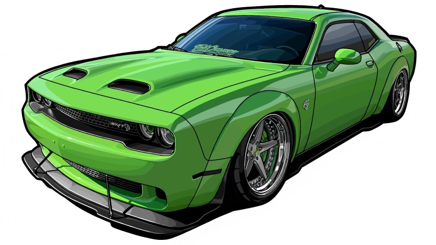 car dodge_(company) dodge_challenger dodge_challenger_(3rd_generation) green_car highres kaizou-sha_no_illust_bot motor_vehicle muscle_car no_humans original shadow simple_background solo vehicle_focus white_background