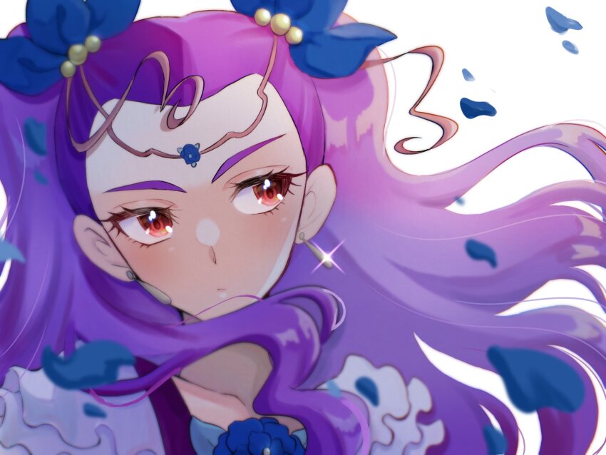 1girl blue_bow blue_flower bow close-up commentary_request dress earrings flower frilled_dress frills glint hair_bow highres jewelry long_hair looking_to_the_side magical_girl milky_rose mimino_kurumi precure purple_hair red_eyes shigen_pr simple_background solo white_background yes!_precure_5 yes!_precure_5_gogo!