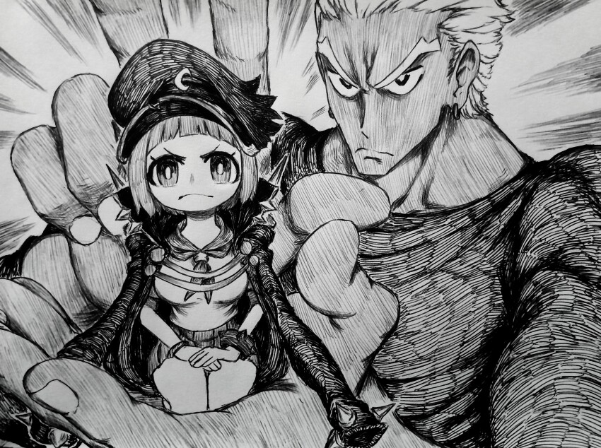 1boy 1girl absurdres arched_bangs breasts cape chronozbergh closed_mouth commentary eyelashes frown gamagoori_ira graphite_(medium) greyscale hat highres kill_la_kill looking_at_viewer mankanshoku_mako monochrome peaked_cap sailor_collar traditional_media v-shaped_eyebrows