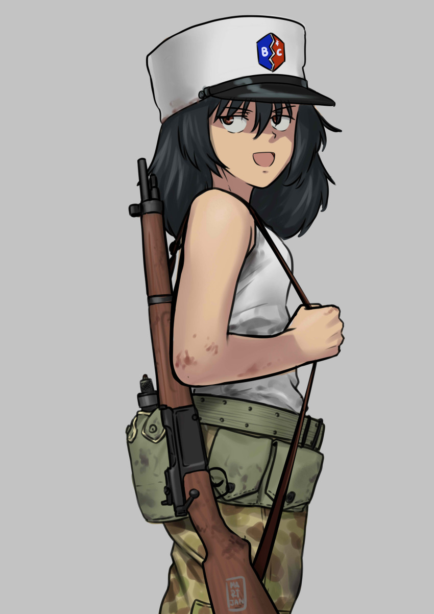 absurdres ammunition_pouch andou_(girls_und_panzer) bc_freedom_(emblem) bc_freedom_military_uniform belt_pouch black_hair bolt_action bottle dark-skinned_female dark_skin emblem garrison_cap girls_und_panzer gun gun_sling hat highres insignia mardjan messy_hair military military_hat military_uniform open_mouth pouch rifle school_connection smile standing tank_top weapon white_tank_top world_war_ii