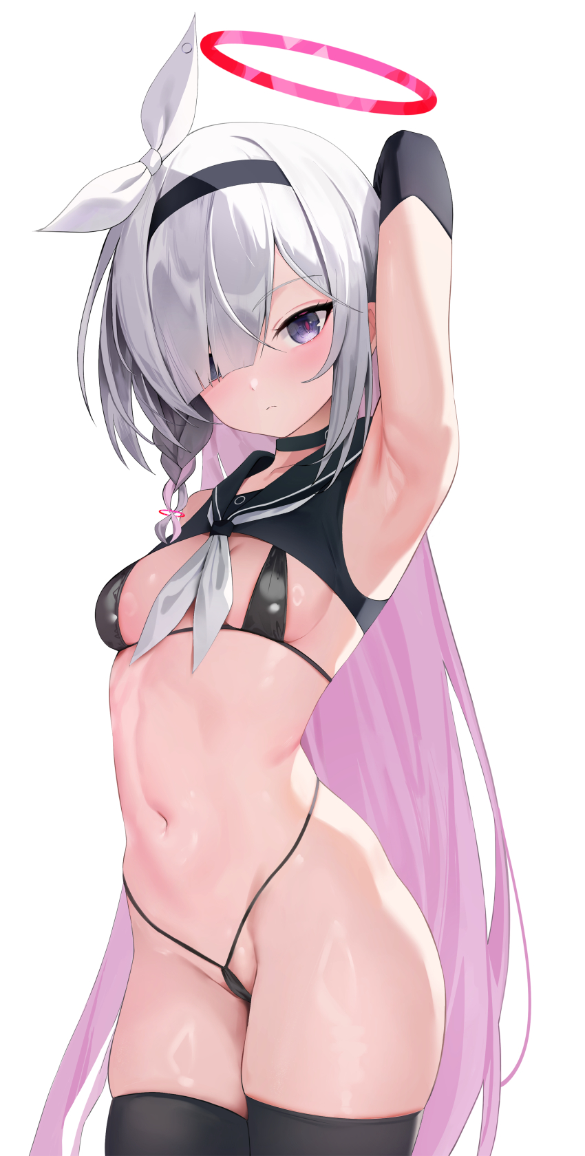 1girl absurdres arm_behind_head arm_up armpit_crease armpits arms_behind_head bikini black_bikini black_choker black_serafuku black_thighhighs blue_archive blush bow braid choker closed_mouth colored_inner_hair cowboy_shot expressionless hair_bow hair_over_one_eye hairband halo highres long_hair looking_at_viewer micro_bikini multicolored_hair navel neckerchief plana_(blue_archive) rable red_halo red_pupils sailor_collar school_uniform serafuku shirt simple_background single_braid sleeveless sleeveless_shirt solo standing stomach string_bikini swimsuit thighhighs very_long_hair white_background white_neckerchief