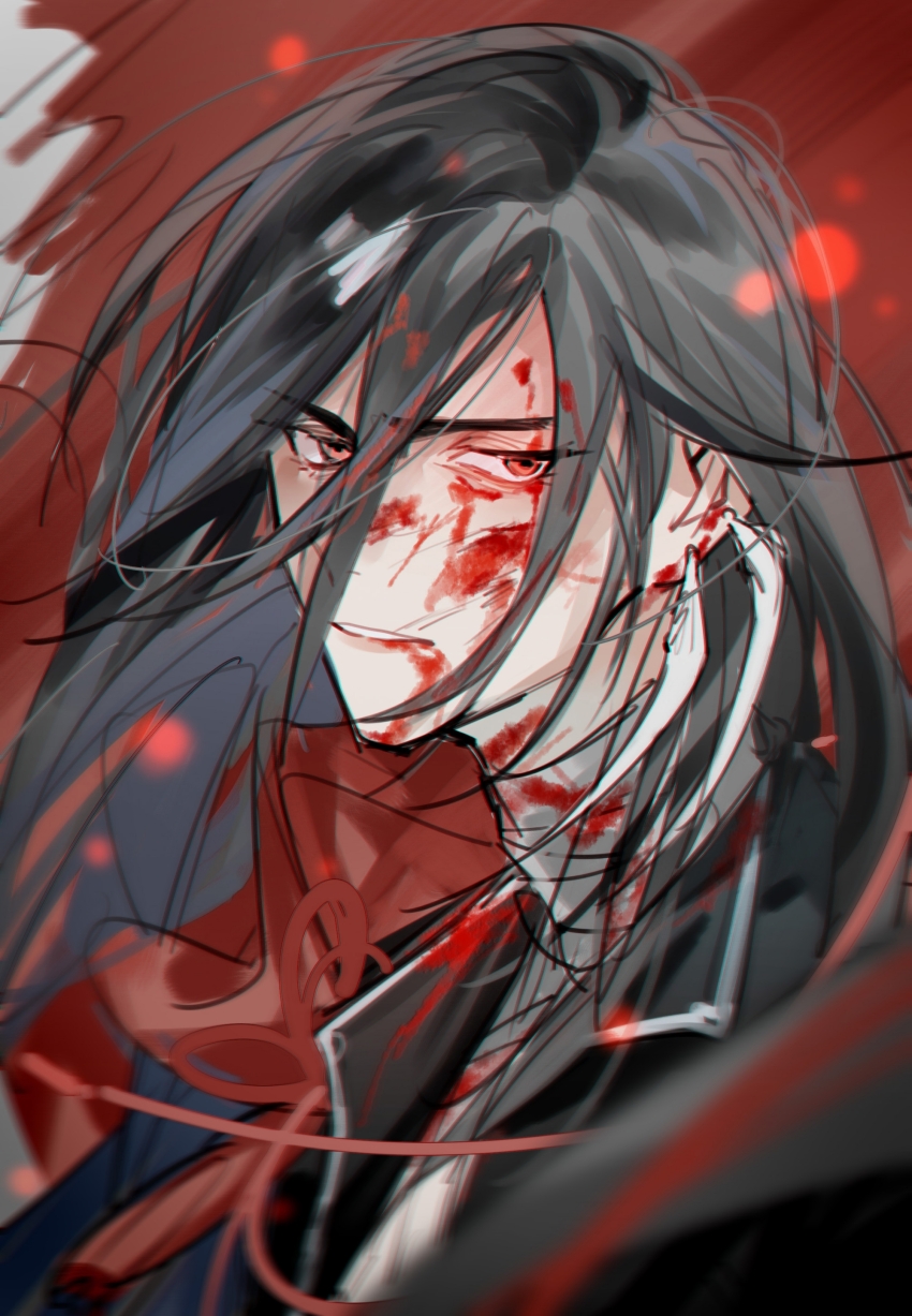 1boy absurdres azha8 bandaged_neck bandages black_hair black_jacket blood blood_from_mouth blood_on_clothes blood_on_face blood_on_neck bloody_bandages blurry cape depth_of_field earrings feather_earrings feathers floating_cape hair_between_eyes highres jacket jewelry lianhua_blood_duck_(the_tale_of_food) long_bangs long_hair looking_at_viewer looking_to_the_side male_focus parted_lips portrait red_cape red_eyes sideways_glance single_earring solo tassel the_tale_of_food